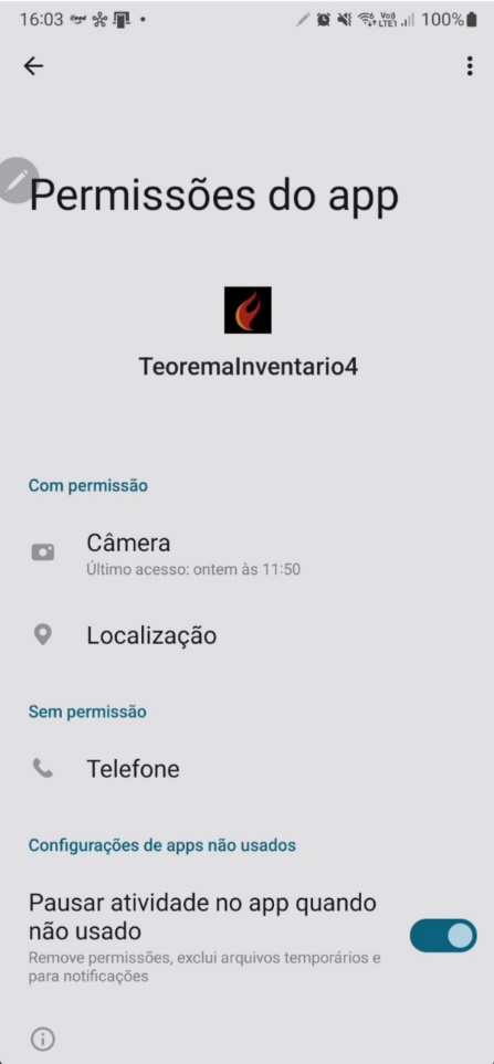 Tela de permissões do aplicativo Teorema Inventário 4 nas configurações do dispositivo, com opção de acesso à câmera para habilitar