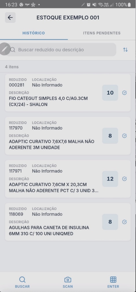 Aba Histórico com listagem consolidada de todos os itens contabilizados no inventário, exibindo código reduzido, localização, descrição, quantidade e ícone de status de sincronização por item