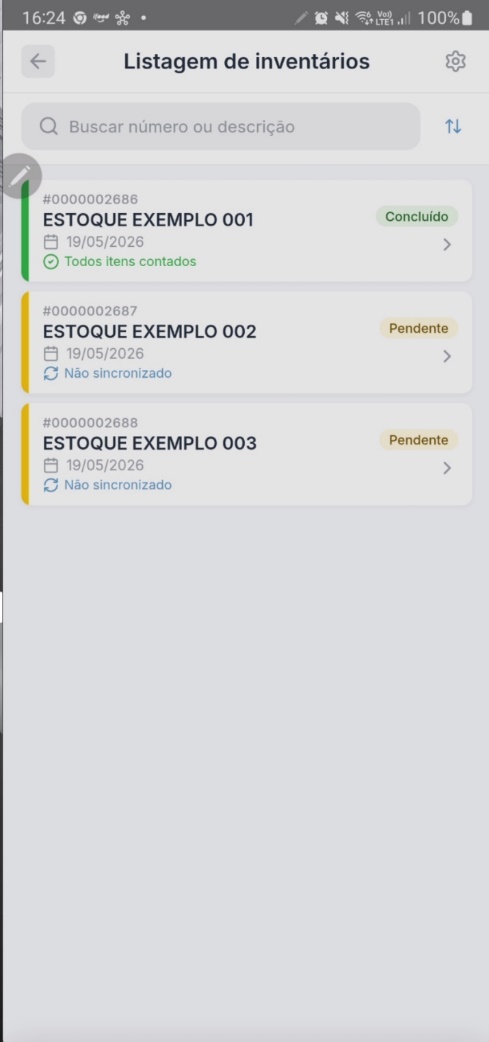Listagem de inventários com inventário exibindo status "Concluído" após contagem de todos os itens pendentes