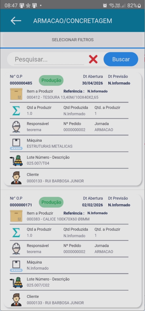 Tela ARMACAO/CONCRETAGEM com botão SELECIONAR FILTROS no topo, campo Pesquisar e botão Buscar; abaixo, cards de O.P. com campos Nr° O.P., status Produção, Dt Abertura, Dt Previsão, Item a Produzir, Referência, quantidades, Responsável, N° Pedido, Jornada, Máquina, Lote Número-Descrição e Cliente
