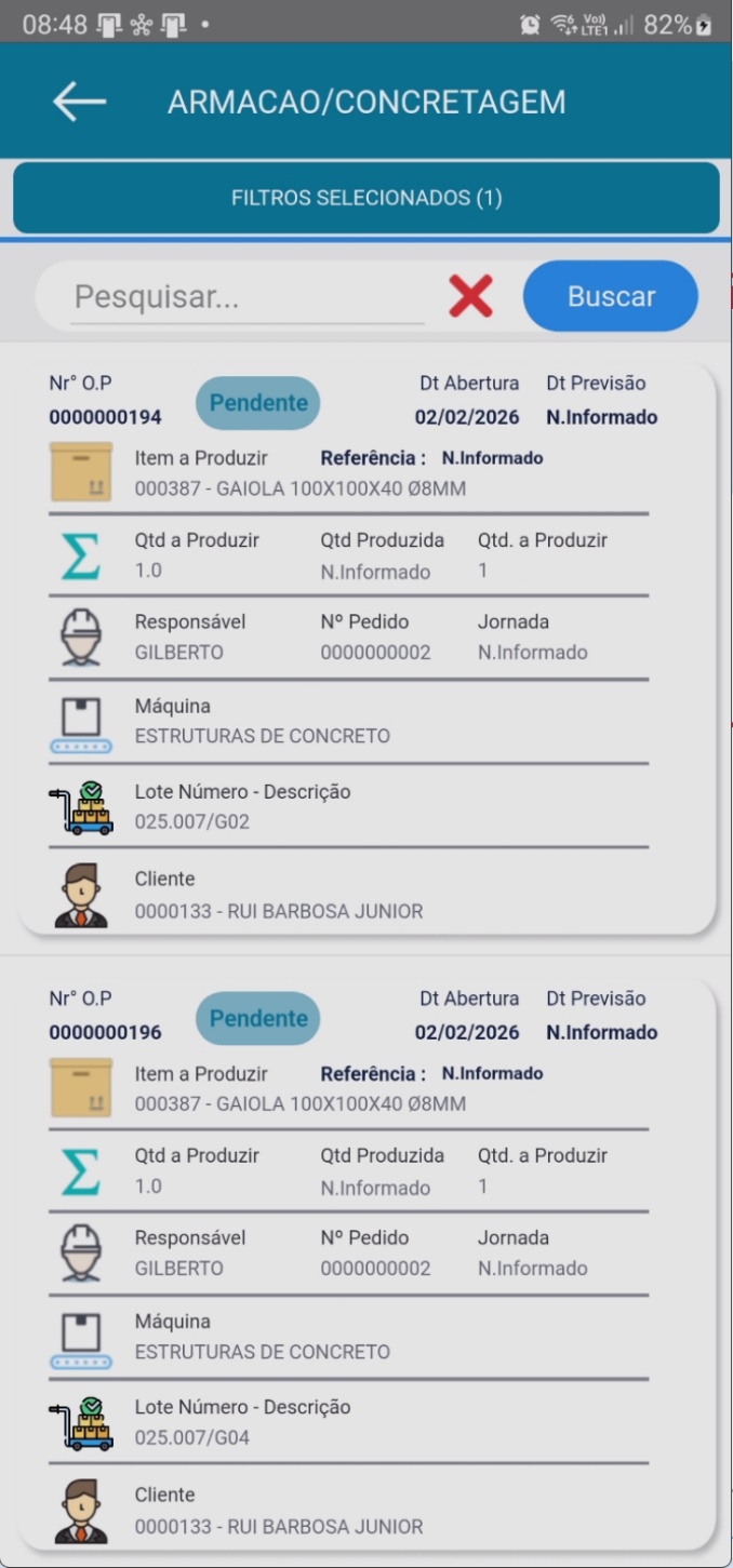 Tela ARMACAO/CONCRETAGEM após aplicação de filtro, com indicador FILTROS SELECIONADOS (1) no topo; listagem exibindo apenas as O.P.s 0000000194 e 0000000196 com status Pendente, campos Item a Produzir, quantidades, Responsável GILBERTO, Máquina ESTRUTURAS DE CONCRETO, Lote e Cliente