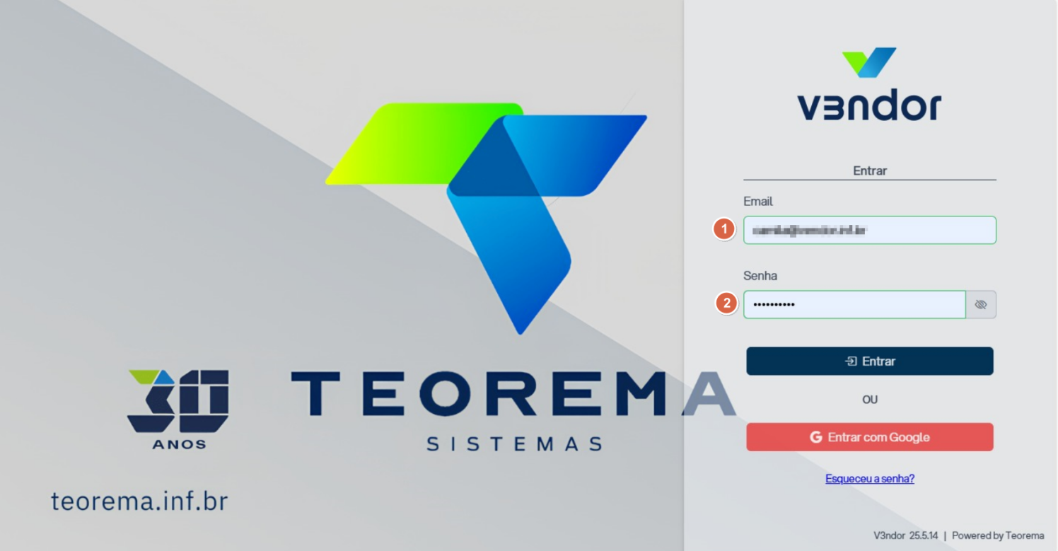 Tela de login do V3ndor CRM com campos Email e Senha, botão Entrar, opção Entrar com Google e link Esqueceu a senha