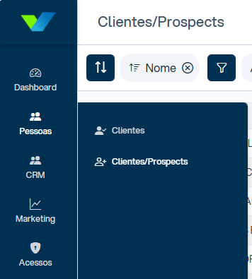 Menu lateral do V3ndor CRM com itens Dashboard, Pessoas (expandido mostrando submenus Clientes e Clientes/Prospects), CRM, Marketing e Acessos