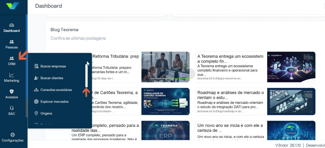 Dashboard do V3ndor CRM exibindo o menu lateral com itens Dashboard, Pessoas, CRM, Marketing e Acessos, e área central com publicações do Blog Teorema