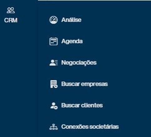 Submenu CRM expandido com as opções Análise, Agenda, Negociações, Buscar empresas, Buscar clientes e Conexões societárias