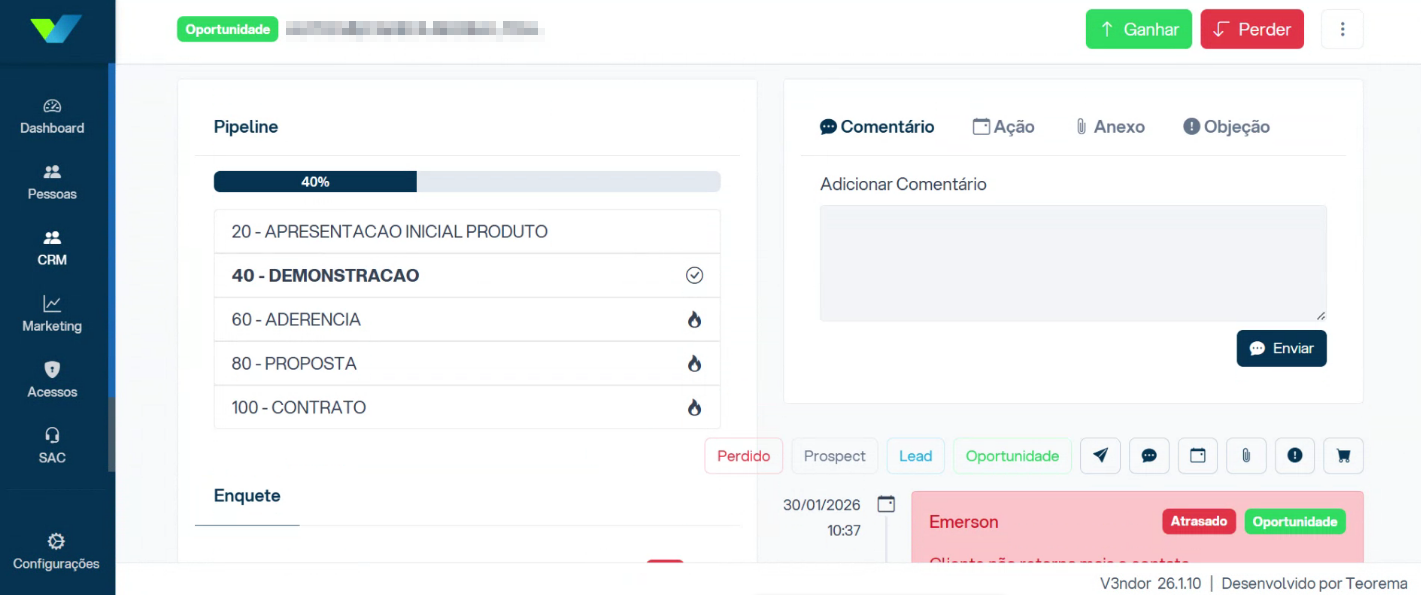 Tela Dados da negociação com painel Pipeline exibindo estágios 20 - APRESENTACAO INICIAL PRODUTO, 40 - DEMONSTRACAO (ativo), 60 - ADERENCIA, 80 - PROPOSTA e 100 - CONTRATO; abas Comentário, Ação, Anexo e Objeção; e botões Ganhar e Perder