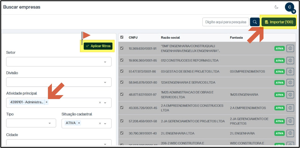 Tela Buscar empresas com painel de filtros (Setor, Divisão, Atividade principal, Tipo, Situação cadastral, Cidade) e lista de empresas com colunas CNPJ, Razão social e Fantasia, com botões Aplicar filtros e Importar (100) destacados