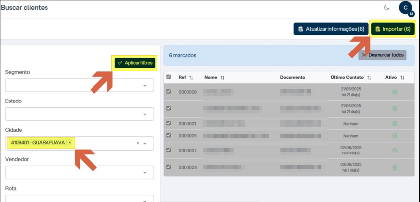 Tela Buscar clientes com filtros Segmento, Estado, Cidade (preenchido com "4109401 - GUARAPUAVA"), Vendedor e Rota; lista com 6 registros marcados exibindo colunas Ref, Nome, Documento, Último Contato e Ativo; e botões Atualizar informações (6) e Importar (6)