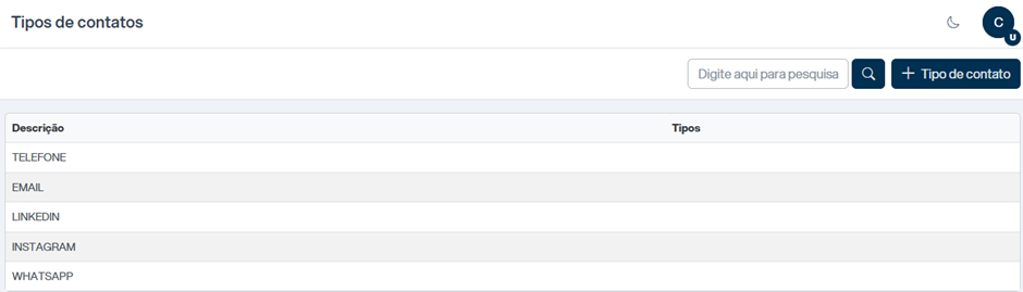 Tela Tipos de contatos com lista exibindo TELEFONE, EMAIL, LINKEDIN, INSTAGRAM e WHATSAPP; botão + Tipo de contato no topo