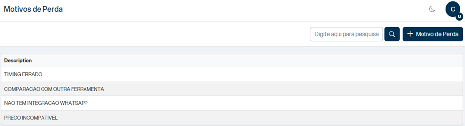Tela Motivos de Perda com lista exibindo TIMING ERRADO, COMPARACAO COM OUTRA FERRAMENTA, NAO TEM INTEGRACAO WHATSAPP e PRECO INCOMPATIVEL; botão + Motivo de Perda no topo