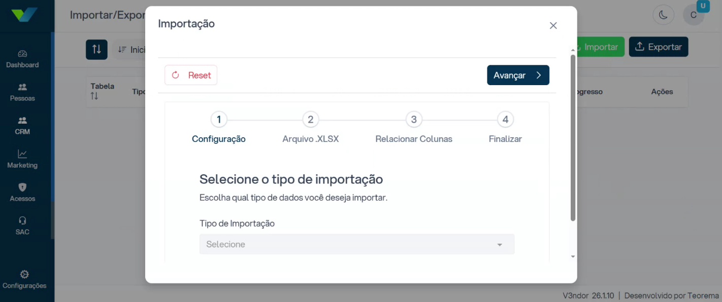 Modal Importação com stepper de 4 etapas: 1 - Configuração (ativa), 2 - Arquivo .XLSX, 3 - Relacionar Colunas e 4 - Finalizar; campo "Tipo de Importação" com dropdown "Selecione"; botões Reset e Avançar