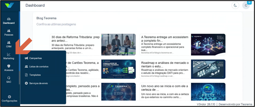 Dashboard do V3ndor CRM com menu lateral mostrando item Marketing expandido com submenus Campanhas, Listas de contatos, Templates e Serviços de envio, e seta indicando o menu Marketing