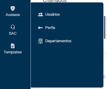 Menu lateral do V3ndor CRM com item Acessos expandido exibindo submenus Usuários, Perfis e Departamentos